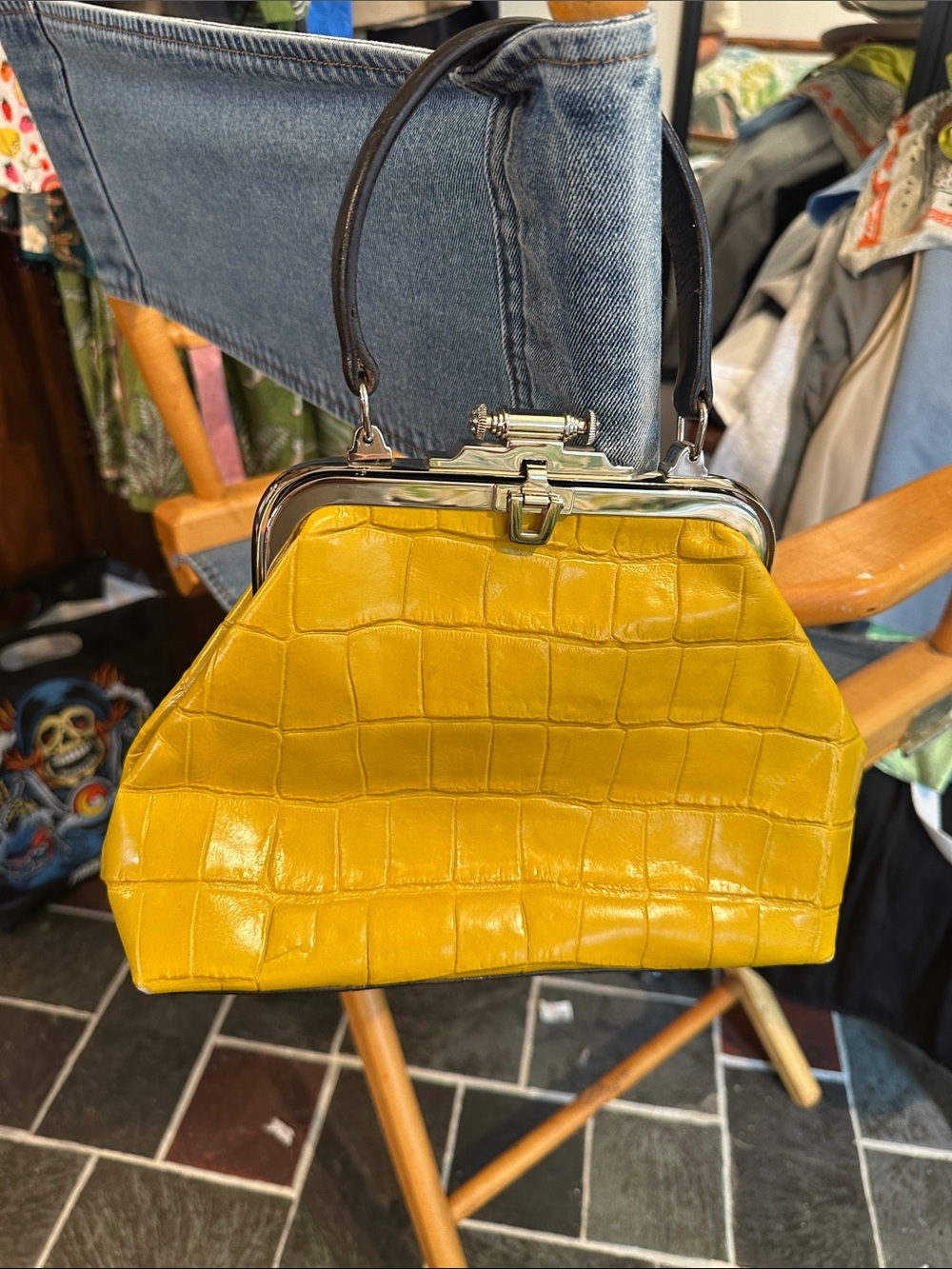 Yellow Croc-Embossed Top-Handle Bag